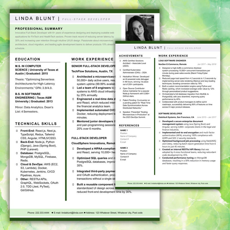 May include: A two-page professional CV for Linda Blunt, a full-stack developer. The document includes a black-and-white headshot, sections for professional summary, education, technical skills, work experience, achievements, and references.