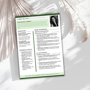 May include: A professional CV template for a full-stack developer named Linda Blunt. The document features a black-and-white headshot, sections for professional summary, education, work experience, and technical skills, with green accents.