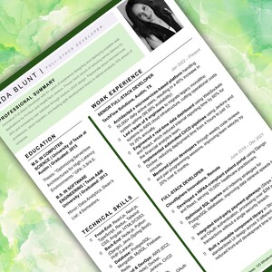 May include: A professional CV for a full-stack developer named Linda Blunt, featuring a black and white headshot, professional summary, work experience at TechFlow Solutions and CloudSphere Innovations, education details, and technical skills.