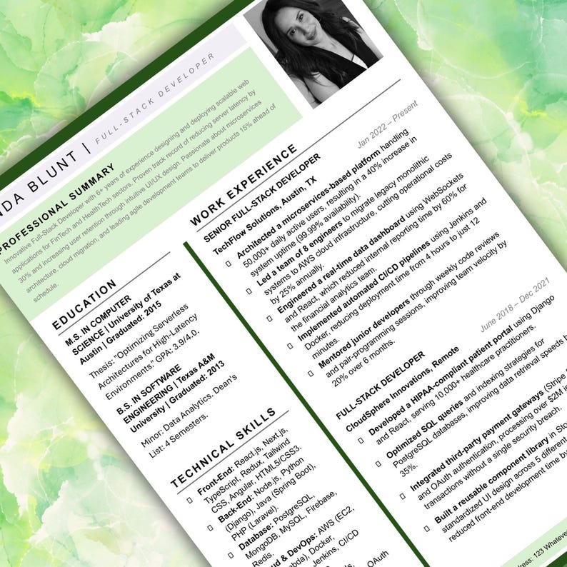 May include: A professional CV for a full-stack developer named Linda Blunt, featuring a black and white headshot, professional summary, work experience at TechFlow Solutions and CloudSphere Innovations, education details, and technical skills.