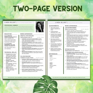 May include: A two-page CV template for a full-stack developer named Linda Blunt. The document includes sections for professional summary, education, technical skills, work experience, achievements, and references, with a headshot photo.