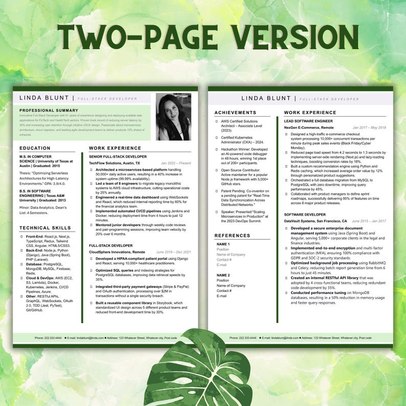 May include: A two-page CV template for a full-stack developer named Linda Blunt. The document includes sections for professional summary, education, technical skills, work experience, achievements, and references, with a headshot photo.
