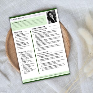 May include: A professional CV document for Linda Blunt, a full-stack developer. The layout features a black and white headshot, a professional summary, education, technical skills, and work experience sections with green accents.
