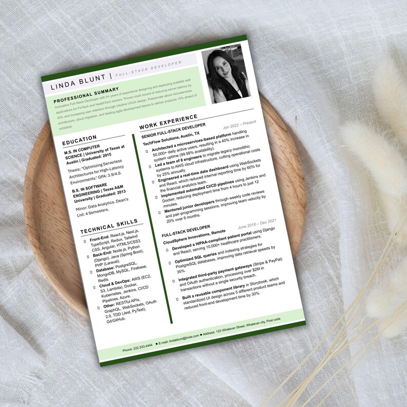 May include: A professional CV document for Linda Blunt, a full-stack developer. The layout features a black and white headshot, a professional summary, education, technical skills, and work experience sections with green accents.