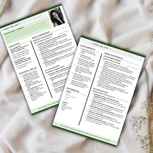 May include: Two pages of a professional CV for Linda Blunt, a full-stack developer. The documents feature a clean layout with green accents, including sections for professional summary, work experience, education, technical skills, and achievements.