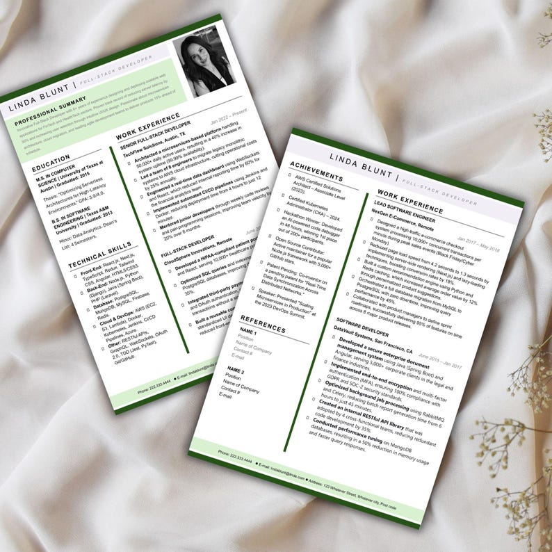 May include: Two pages of a professional CV for Linda Blunt, a full-stack developer. The documents feature a clean layout with green accents, including sections for professional summary, work experience, education, technical skills, and achievements.