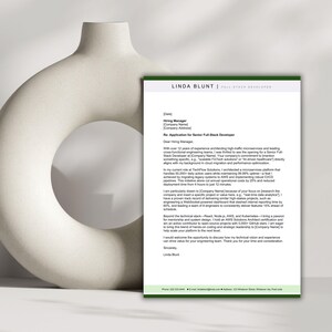May include: A professional cover letter template for a full-stack developer, featuring the name Linda Blunt at the top, a formal body text with placeholders for company details, and contact information at the bottom, set against a neutral background.