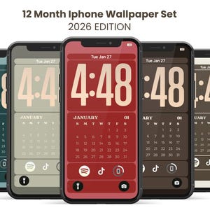 Conjunto de papéis de parede com calendário para iPhone de 2026 | Widgets minimalistas e estéticos para a tela de bloqueio | Papel de parede para planejador digital de 12 meses | Tema neutro e aconchegante para iOS