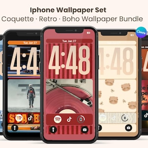 May include: Five iPhone screens showing various wallpapers. The wallpapers have a retro theme with the time 4:48 displayed. One wallpaper features a record player, another a space theme, and others have a coquette and boho style.
