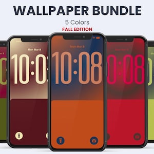 May include: A digital wallpaper bundle featuring five smartphones displaying different autumn-themed colour gradients. The text WALLPAPER BUNDLE, 5 Colors, and FALL EDITION appear at the top. Each screen shows a clock reading 10:08 and date.