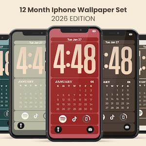 May include: A set of five smartphones displaying a 12-month iPhone wallpaper set for 2026. Each phone shows a different color scheme, including teal, beige, red, brown, and white. The wallpapers display the time 4:48, the date, and a calendar for January.