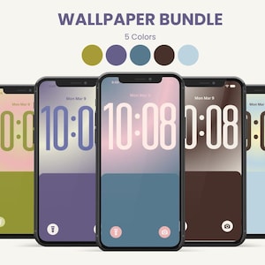 Può includere: Cinque smartphone che mostrano sfondi con orologio digitale in vari schemi di colori. Il testo "WALLPAPER BUNDLE" e "5 Colors" sono in alto. Ogni telefono mostra un'ora diversa, con uno sfondo sfumato.