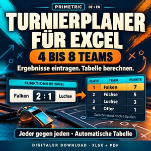 Round Robin Tournament Planner for Excel | 4–8 Teams, Automatic Standings and Fixtures | German & English XLSX + PDF
