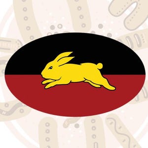 May include: An oval design with a yellow rabbit silhouette on a black and red background. The rabbit is running to the right. The design is set against a background of beige, stylized shapes.