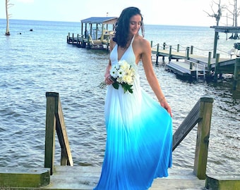 Customized ombre Wedding Dress for beach weddings, rustic, hand dyed, backless, low back