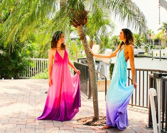 The Tahiti Dress in Sunrise, Pink ombre dress, Backless dress, Maxi dress, Resort wear dress, Beach wear cover up, honeymoon dress