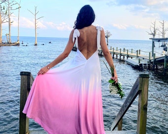 Customized Ombre Wedding Dress for beach weddings, rustic, hand dyed, backless, low back