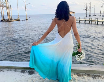 Customized ombre Siren Wedding Dress for beach weddings, rustic, hand dyed, backless, low back dress