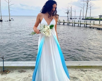 Customized ombre Maikai Wedding Dress for beach weddings, rustic, hand dyed, backless dress, low back