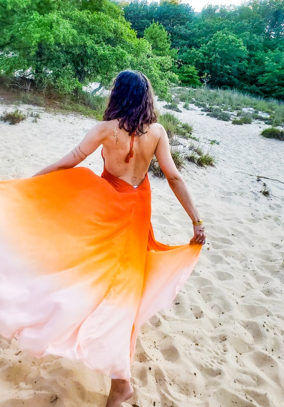 Hand Dyed Terracotta Maxi Dress, Silk Rayon Backless Resort Wear