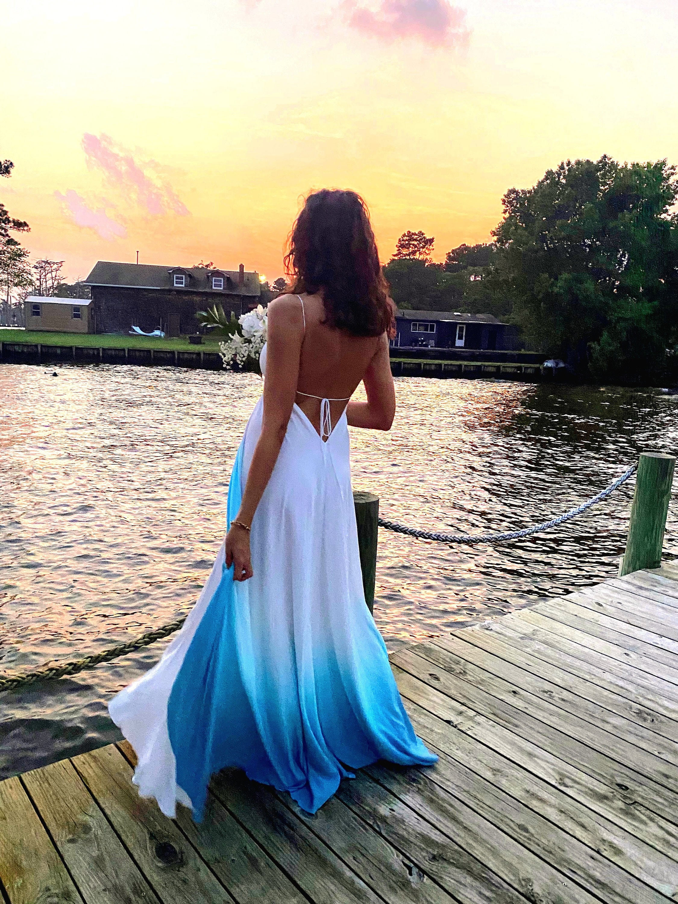 blue floral formal dress ZAPAKASA Women White Blue Flower Long Prom Dress With Slit A-Line Spaghetti  Straps Ruched Corset Evening Dress
