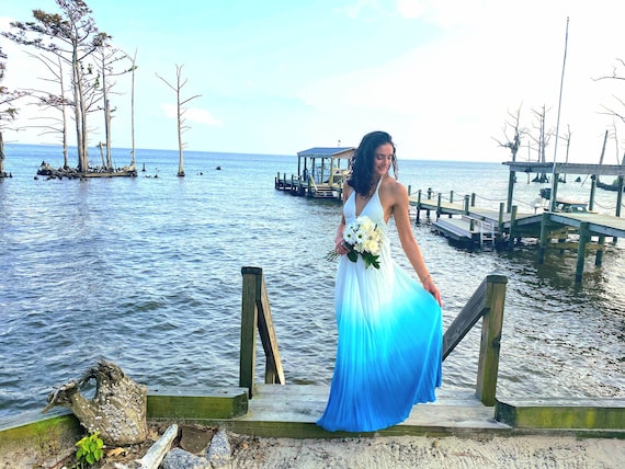 Custom Ombre Beach Wedding Dress, Hand Dyed Halter Bridal Gown, Low Back