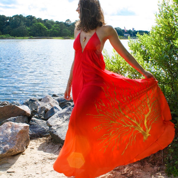 The Bali Dress in Red Coral, ombre dress, Backless dress, Maxi dress, Resort wear dress, Beach wear cover up, honeymoon dress