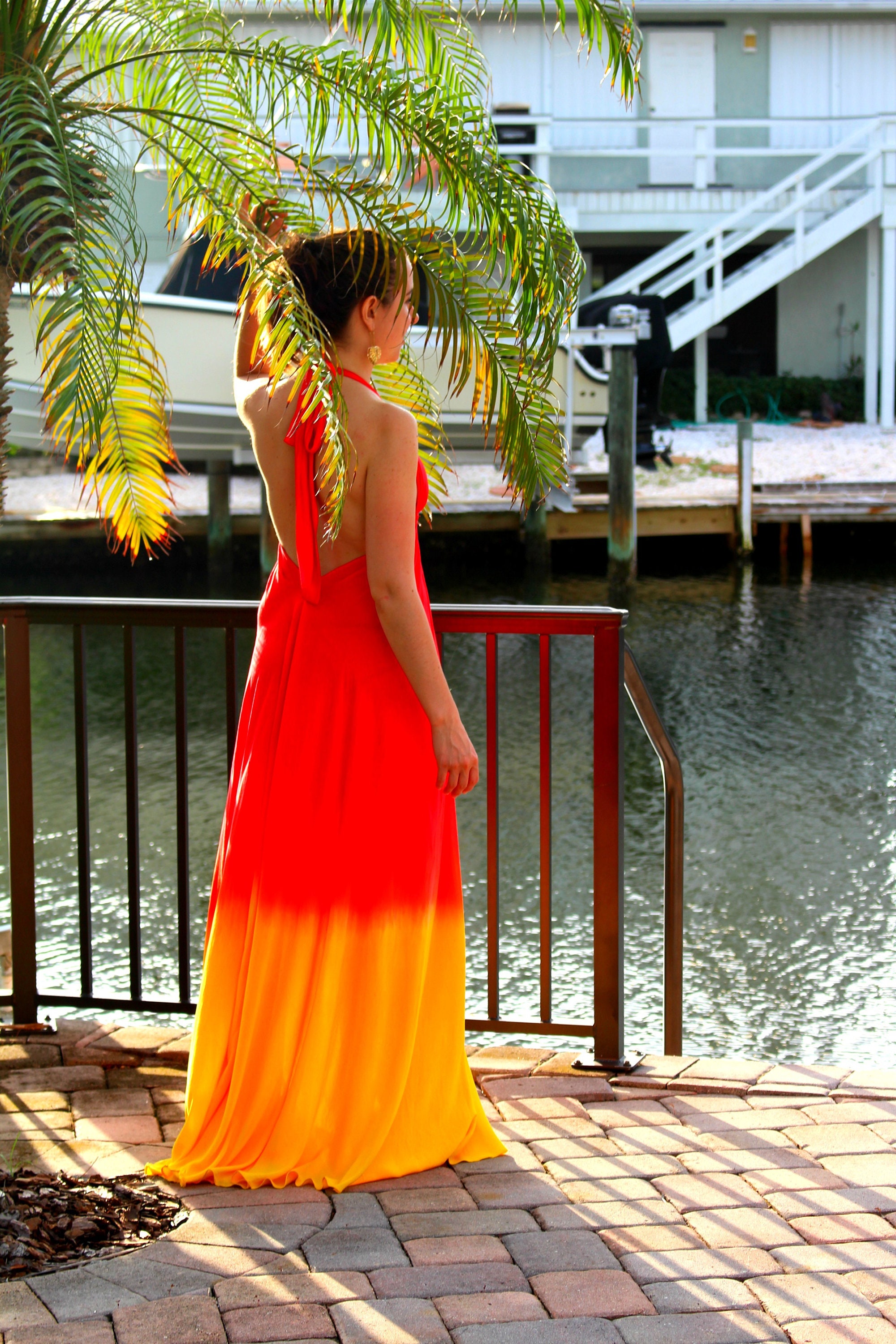 The Fuji Dress in Sunset, Red ombre dress, Backless dress, Maxi dress, Resort wear dress, Beach wear cover up, honeymoon Dress