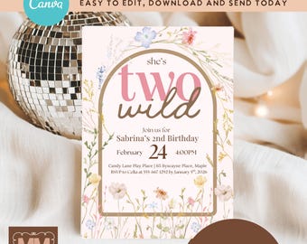 Girls Wildflower 2nd Birthday Party Invitation, Two Wild Floral Bloom Printable Invite  (DIY Canva Digital Download 5x7 or Mobile)