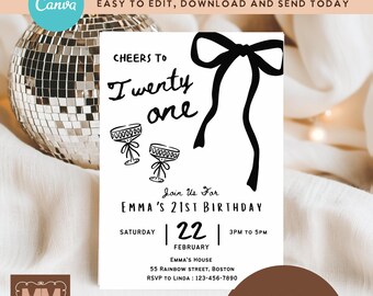 Hand-Drawn 21st Birthday Party Invitation, Black Bow Bday Cocktails Printable Invite  (DIY Canva Digital Download 5x7 or Mobile) 005