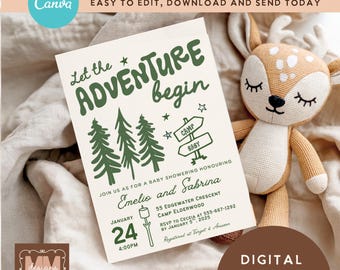Camping Baby Shower Digital Invitation Template, Adventure Little Camper Doodle Editable Canva Shower Template (Digital Download)