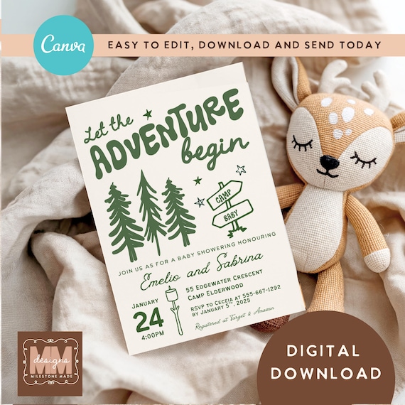 Camping Baby Shower Digital Invitation Template, Adventure Little Camper Doodle Editable Canva Shower Template (Digital Download)