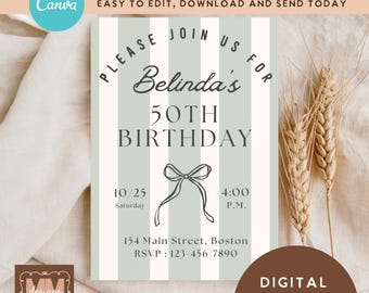 Girls Coquette Invitation Download, Preppy Green Stripes Birthday Party Editable Printable Invite, Girly Bday Digital
