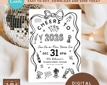 New Years Eve Party Invitation Printable Download, NYE Cheers to 2026 Editable Invite (DIY Canva Digital Download 5x7 or Mobile) 031