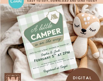 Camping Baby Shower Digital Invitation Template, Adventure Little Camper Green Gingham  Editable Canva Shower Template (Digital Download)