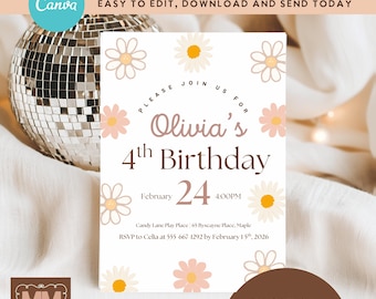 Girls Daisy Birthday Party Invitation, Any Age Pink Floral Printable Invite  (DIY Canva Digital Download 5x7 or Mobile)