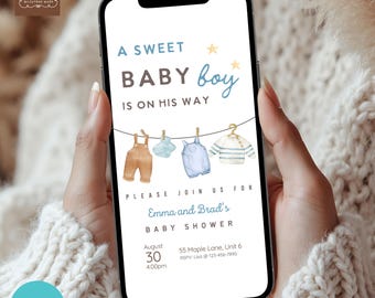 Blue Watercolor Clothesline Baby Shower Invitation Template (Digital Download)