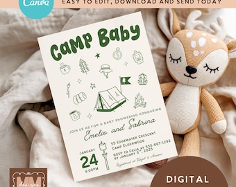 Camping Baby Shower Digital Invitation Template, Adventure Little Camper Green Gingham  Editable Canva Shower Template (Digital Download)