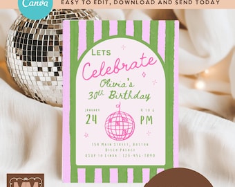 Invitación para fiesta de 21 cumpleaños, dibujada a mano, cócteles de discoteca rosa preppy para 30 cumpleaños, imprimible (descarga digital DIY en Canva, 5x7 o móvil) 003