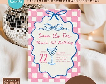 Invitación para fiesta de 21 cumpleaños, imprimible, con cócteles rosas preppy, dibujada a mano (descarga digital en Canva, 5x7 o móvil) 002