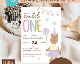Girls Wild One Safari Birthday Digital Download Invitation, Party Animals Pink First Birthday DIY Editable Template