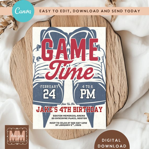 Boys Hockey Birthday Party Invitation, Any Age Game Time Tween Ice Hockey Printable Invite (DIY Canva Digital Download 5x7 or Mobile) 019