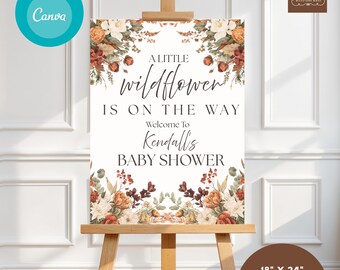 Fall Floral Baby Shower Welcome Sign Template, A Little Wildflower is On the Way Baby Girl Party (Digital Download 18x24) 003