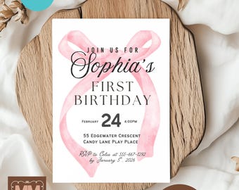 Pink Bow Invitation Download, Girls Coquette Birthday Party Editable Printable Invite, Girly Bday Digital