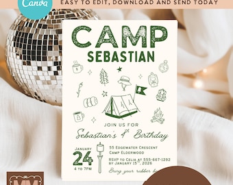 Boys Camp Adventure Theme Birthday Party Invitation, Any Age Camping Editable Printable Invite (DIY Canva Digital Download 5x7 or Mobile)