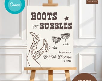 Cowgirl Boots Bubbly Bridal Shower Welcome Sign Template, Hand Drawn Country Western Whimsical Wedding Party (Digital Download 18x24) 069