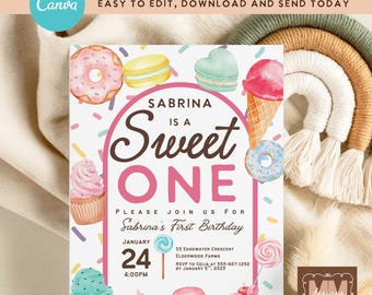 May include: A birthday invitation with the text "Sabrina is a Sweet One" and the date January 24. The design includes watercolor illustrations of sweets like donuts, ice cream cones, and cupcakes. The Canva logo is in the top left corner.