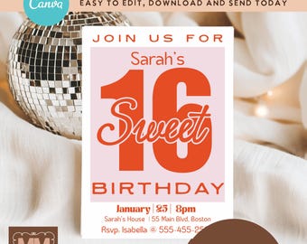 Girls Modern Pink 16th Birthday Party Invitation, Sweet Sixteen Editable Printable Invite  (DIY Canva Digital Download 5x7 or Mobile) 013