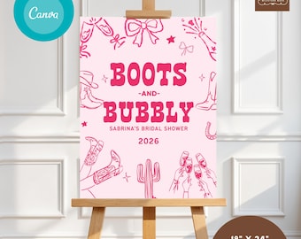 Cowgirl Boots Bubbly Bridal Shower Welcome Sign Template, Hand Drawn Country Western Whimsical Wedding Party (Digital Download 18x24) 082