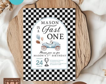 Boys Race Car Birthday Digital Invitation, Fast One 1st fast one birthday Party DIY Invite (Digital Download Canva Mobile or 5x7 Template)